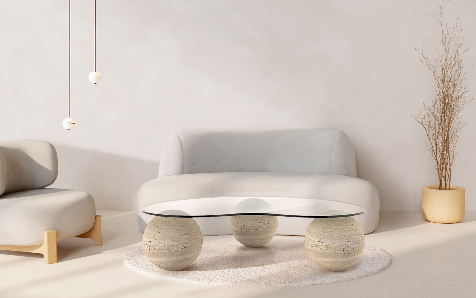Travertin Salontafel Glas Drie Bolle Poten | Sammie