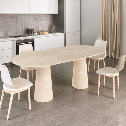 Travertin Eettafel Ovaal Twee Kegel Poten | Alvaux 