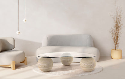 Travertin Salontafel Glas Drie Bolle Poten | Sammie 