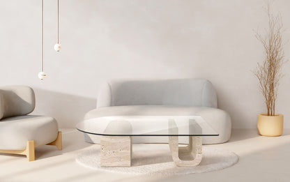 Travertin Salontafel Glas U-Vormig Onderstel | Scuol 