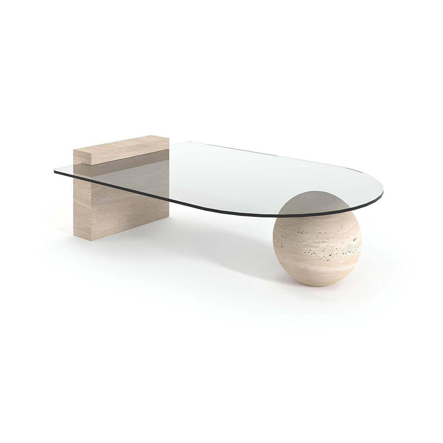 travertin Salontafel Assymetrisch Glas Verschillend Poot | Erosca