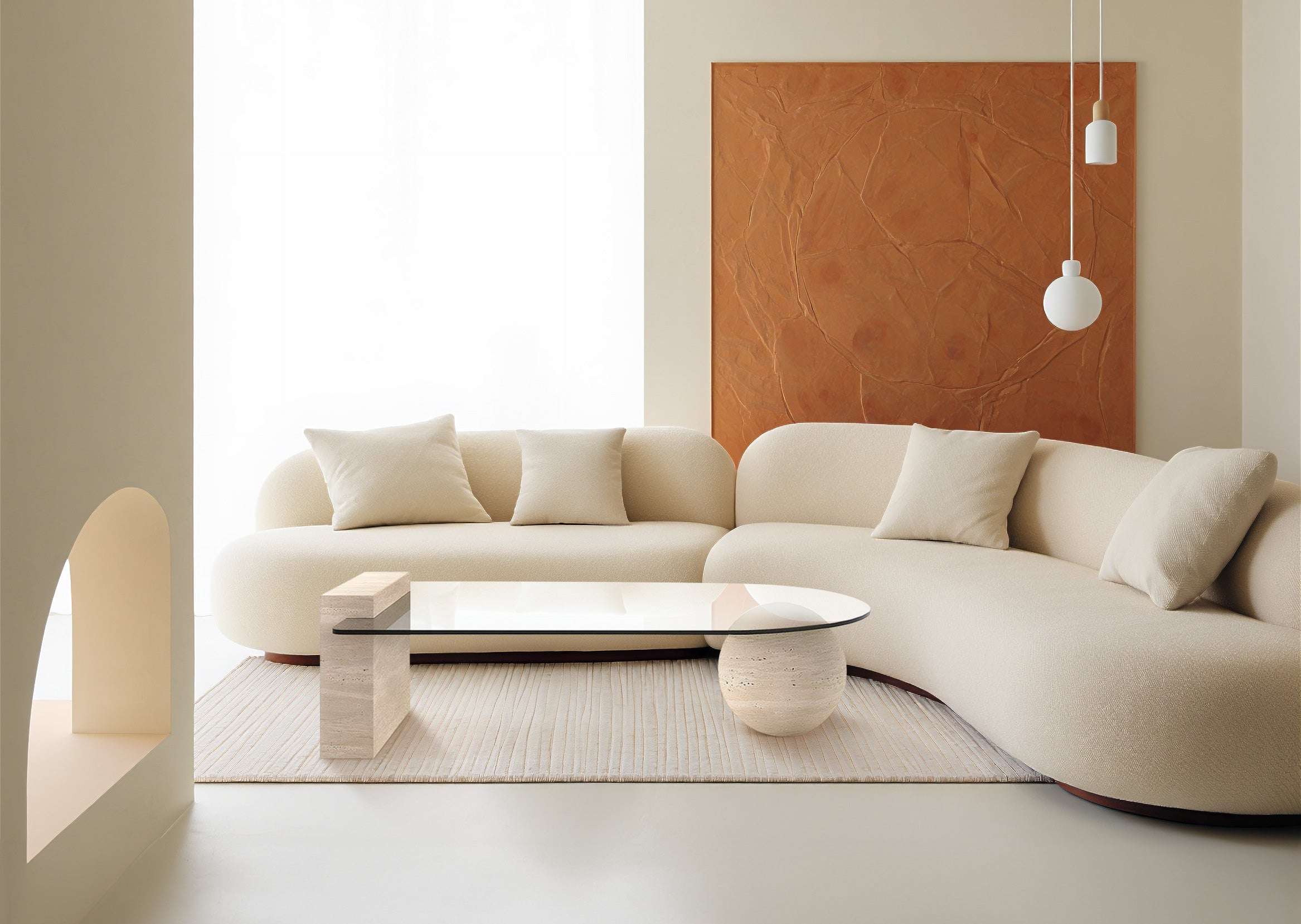 travertin Salontafel Assymetrisch Glas Verschillend Poot | Erosca 
